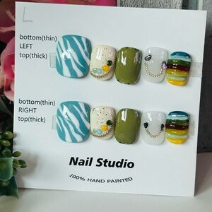 Hand Painted Nail Art Set with Blue and Green Designs